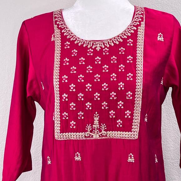 Fuchsia Pink Gold Chikankari Indian High Slits Half Sleeve Kurta Tunic Top M/L - Picture 4 of 13